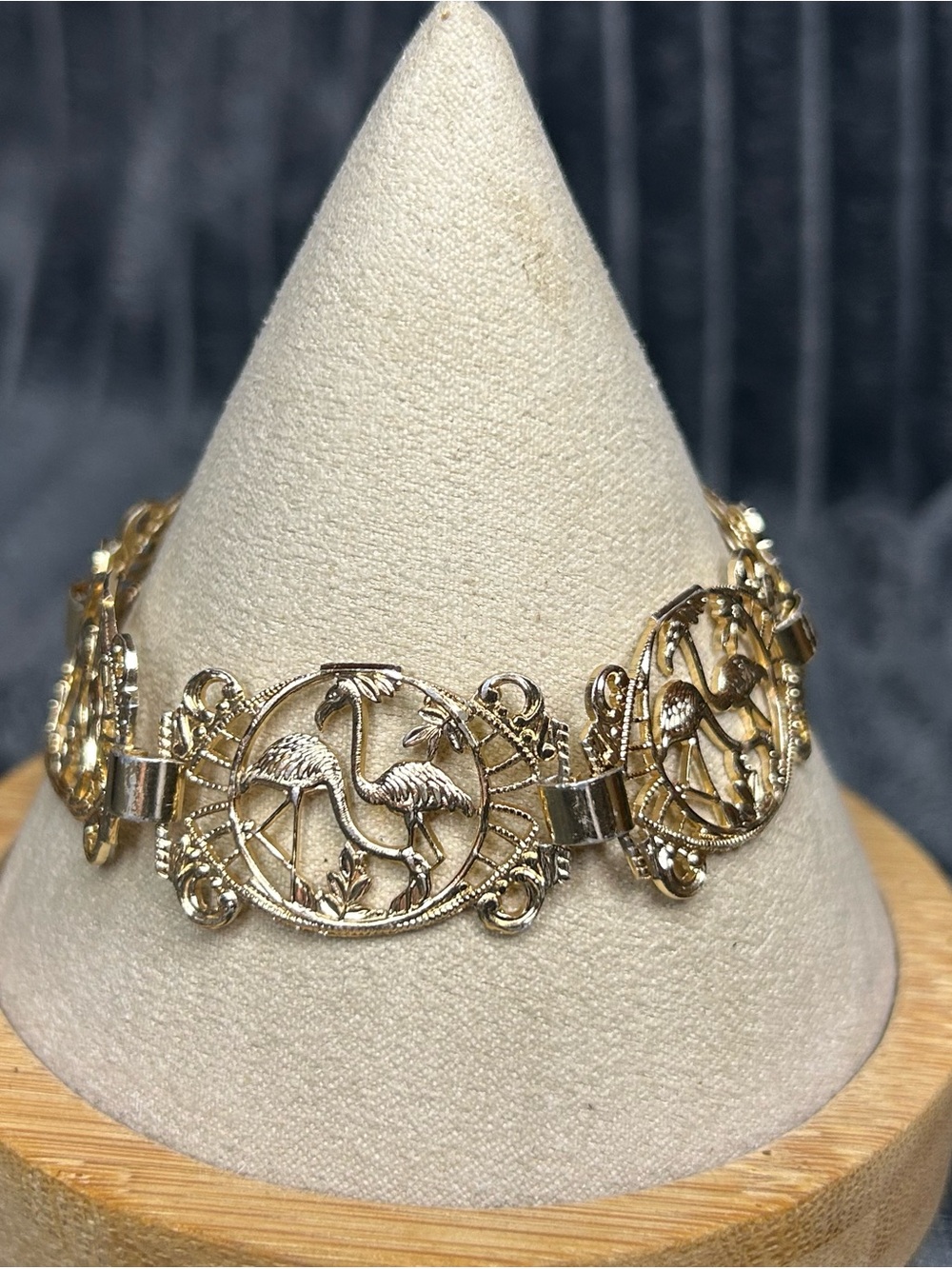 Vintage Made in Germany Gold Tone Crane Filigree Bracelet